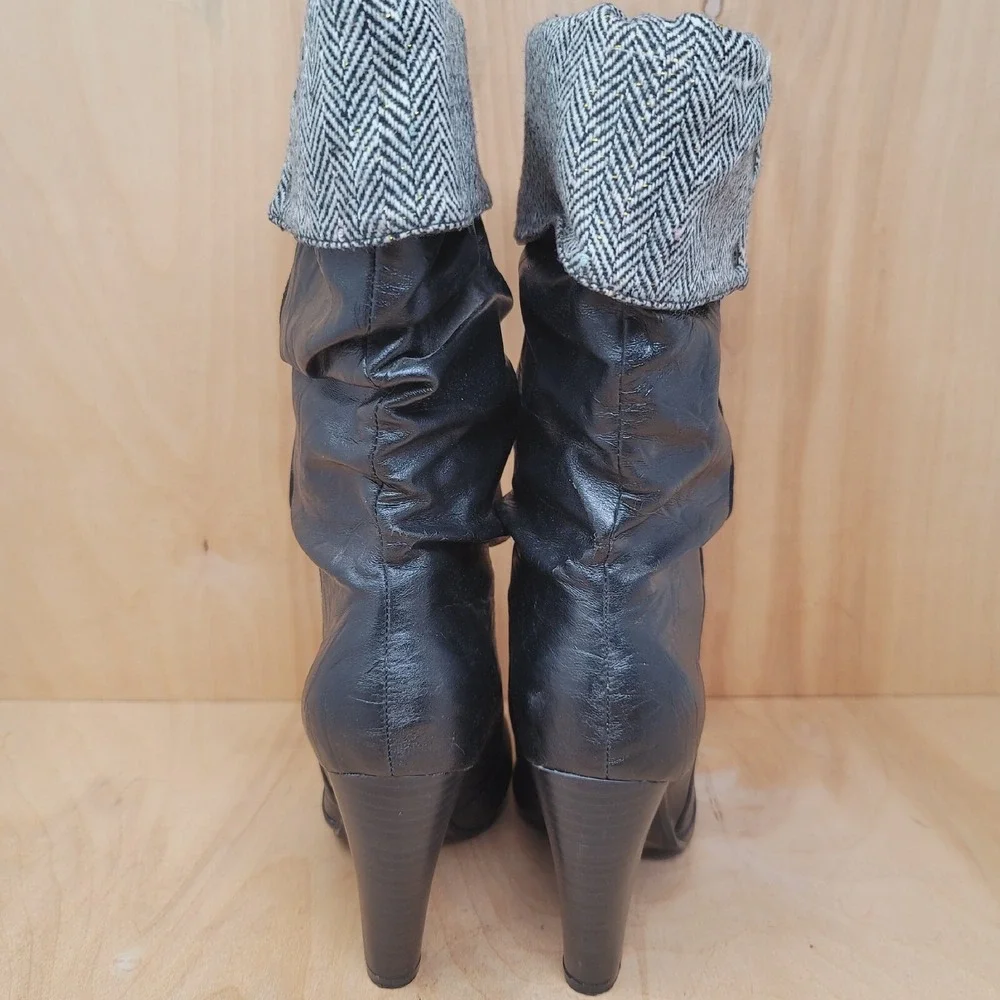QUPID Women's Boots Size 6.5 Black Knee Hi Roll Down Tweed Pull Ons